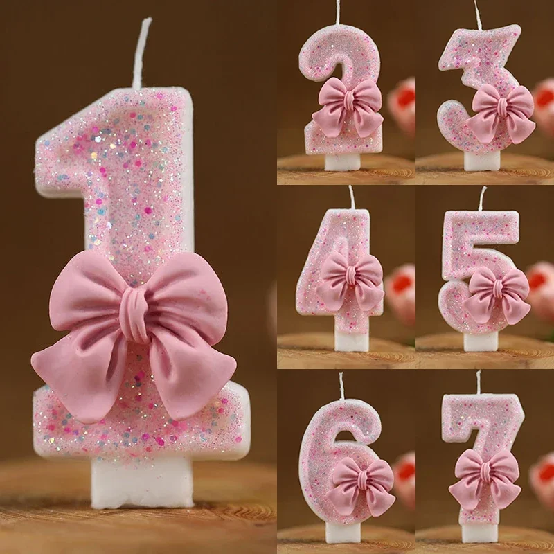 Hot Number Cake Candle Pink Glitter Birthday Candle 1 2 3 4 5 6 7 8 9 3D Number Candle Cake Topper Birthday Party Cake Decor