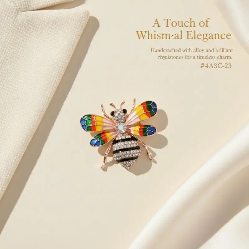 Sparkling Rhinestone Enamel Bee Brooch Shiny Crystal Accents Colorful Wings