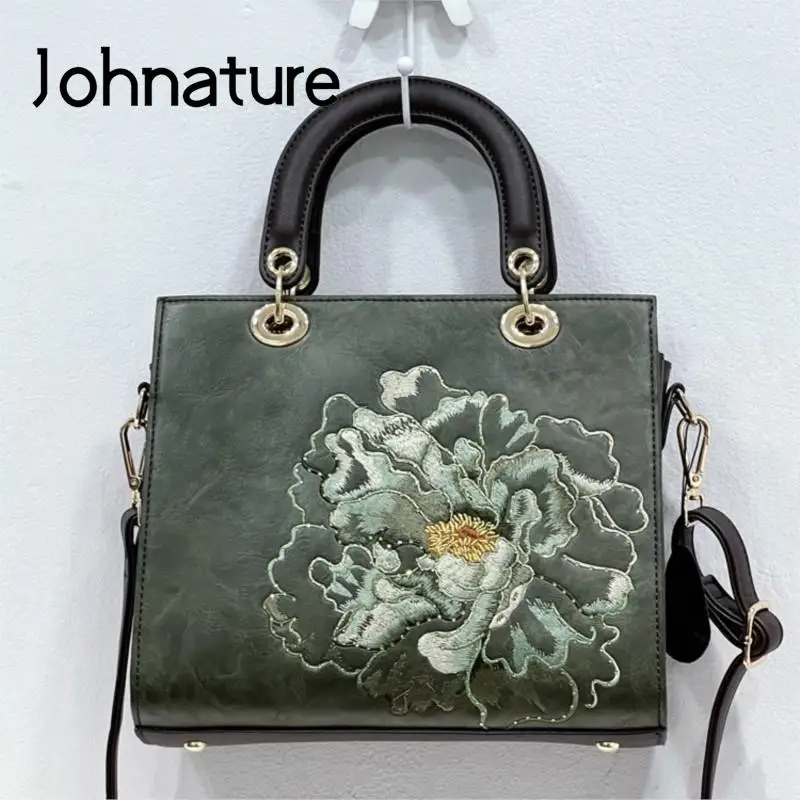 

Johnature Luxury Handbag 2024 New Vintage Exquisitely Embroidered Women Leather Bag Versatile Large Capacity Shoulder Bags