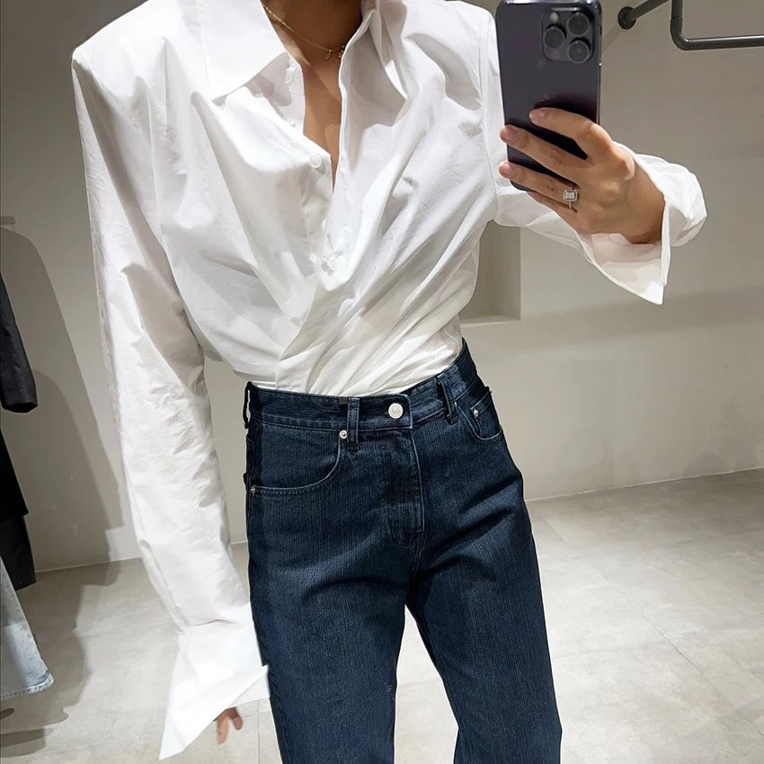 Linad elegante camisa blanca manga blusa elegante tejido abotonada Tops mujeres 2025 otoño Oficina señora camisas de manga larga Mujer