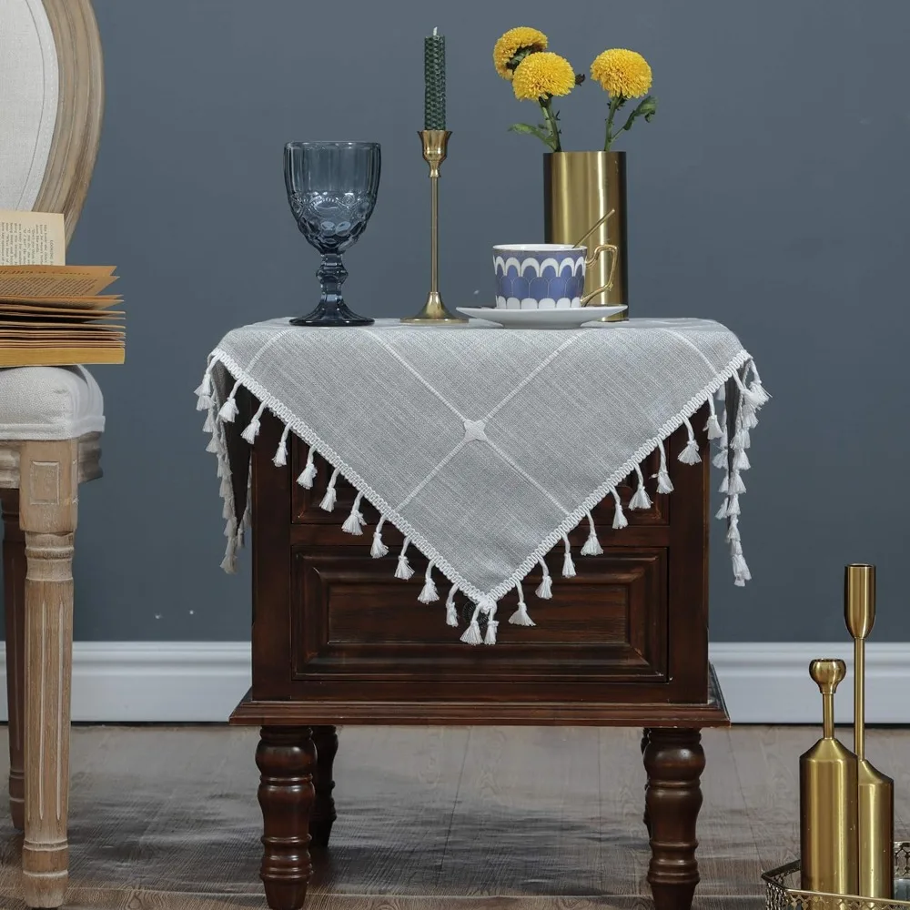 For Cotton and Linen Plaid Small Square Tablecloth Embroidered Fringed Chair Cover Dining Table 24x24