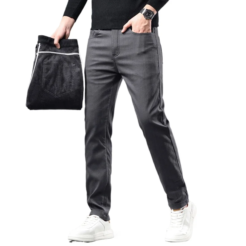 

Winter New 2025 Fleece Pants Men's Thick Slim Elastic Business Casual Velvet Pants Warm Fashion Solid Color Plush Trousers Male