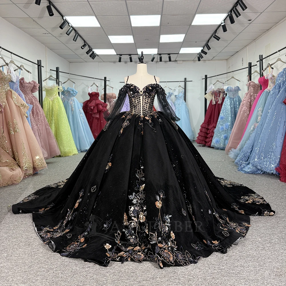 

Charming Scoop Ruffles Ball Gown Long Sleeves Customized Lace Court Train Quinceanera Dresses Beading vestidos de 15 quinceañera