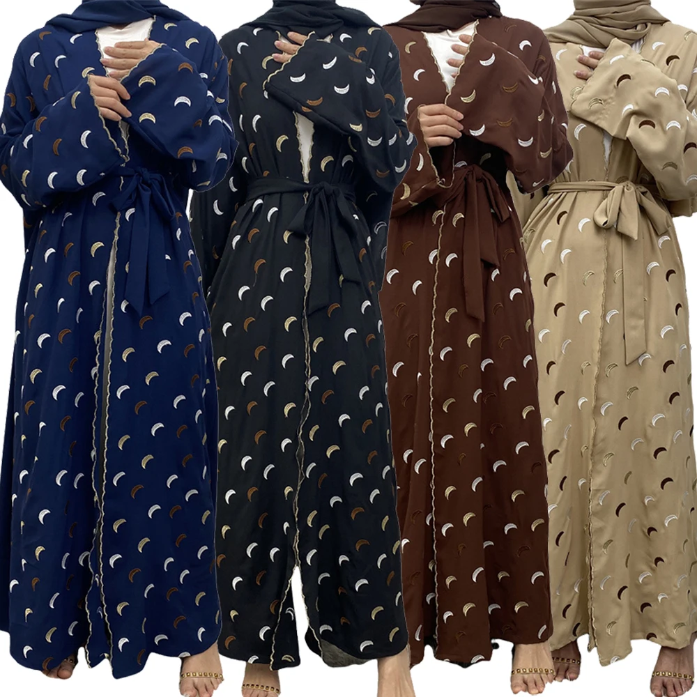 

Eid Ramadan Embroidery Moon Kimono Cardigan Muslim Women Open Abaya Belted Jalabiya Turkey Dubai Robe Gown Maxi Dress Kebaya New
