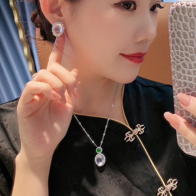 Natural Ice Transparent Gray Agate Green Chalcedony Oval Full Diamond Pendant for Women Vintage Elegant Earrings Two-Pie view 3