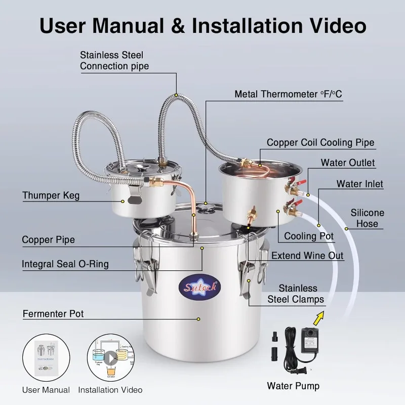 أداة تقطير الكحول سعة 19 لترًا، أنبوب نحاسي من الفولاذ المقاوم للصدأ، براندي ويسكي للمشروب المنزلي #3
