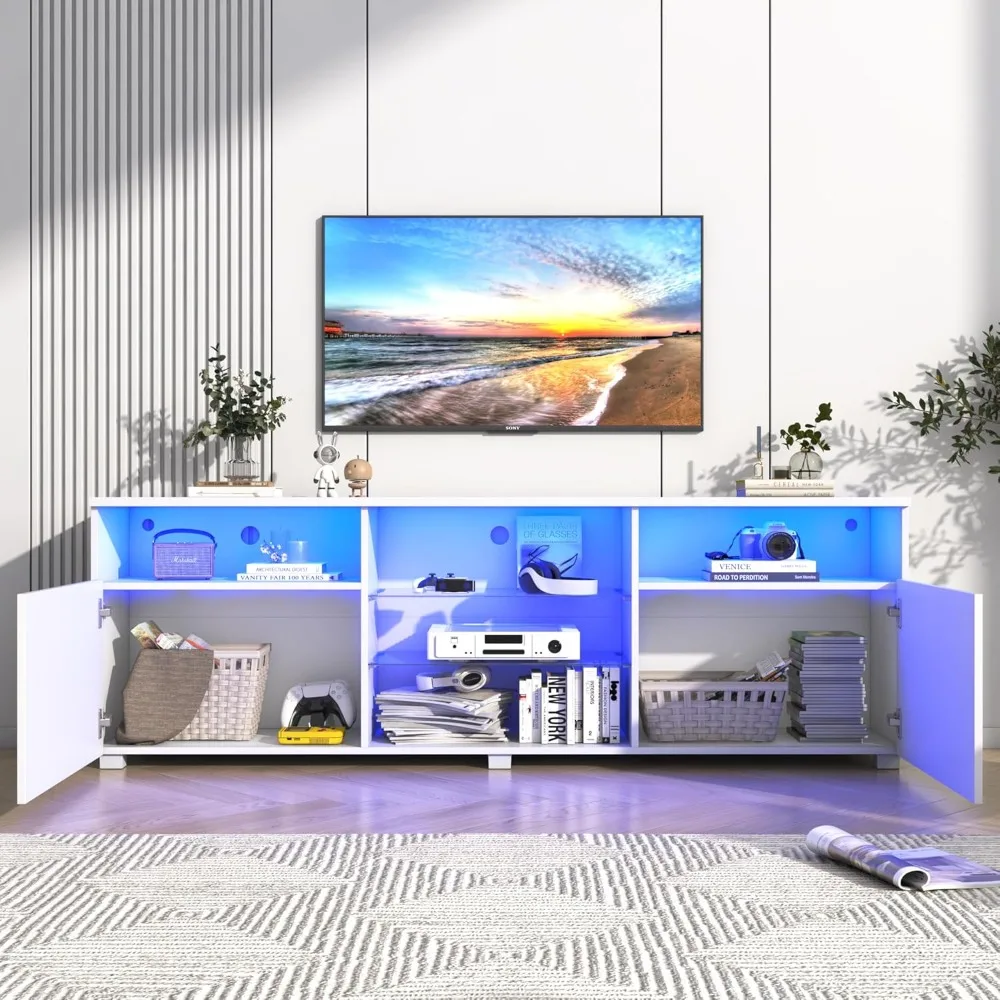 Vinctik 70 inch moderne witglans tv-standaard - hoge opslag voor 75-80 inch tv's, RGB-licht, perfect voor woonkamer