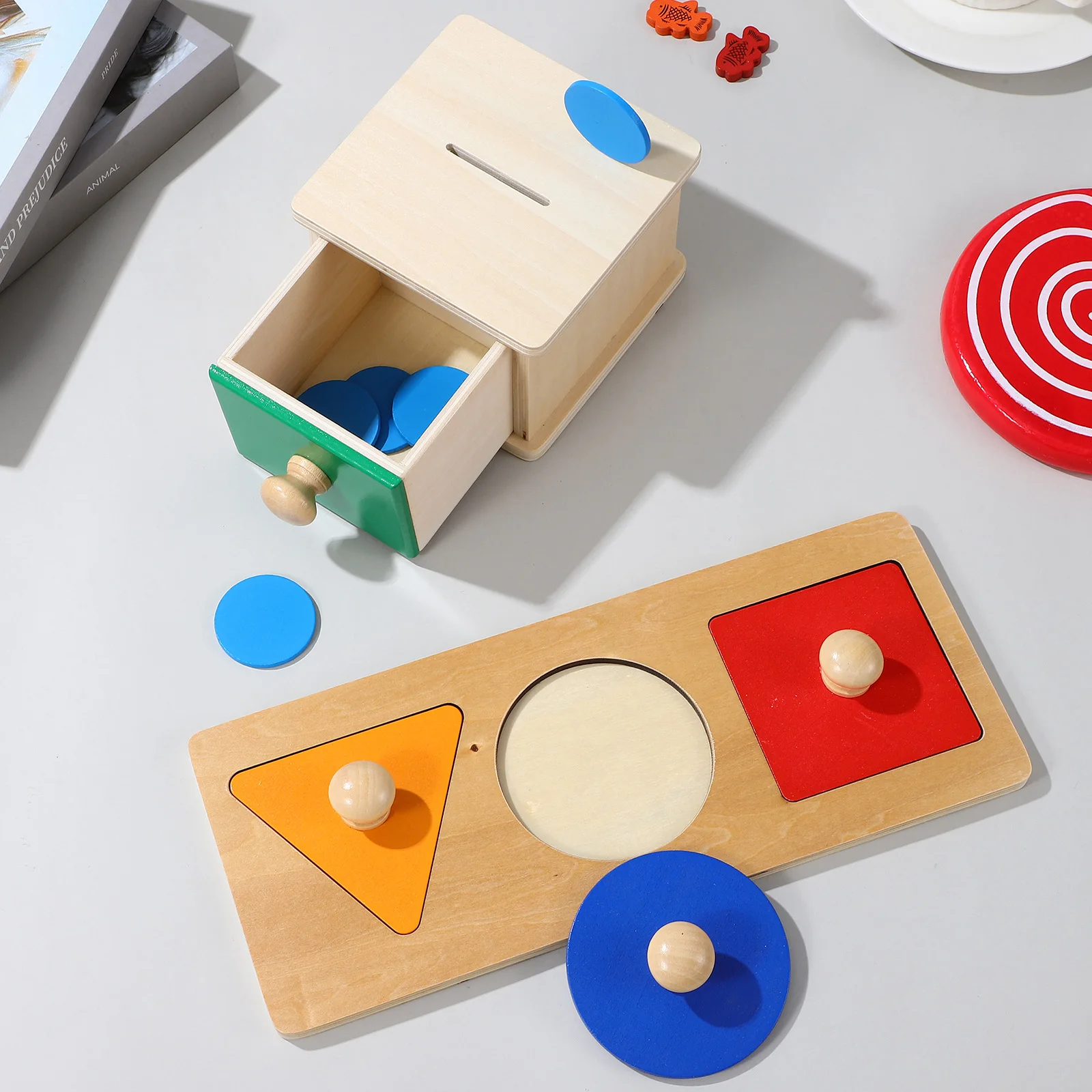 2 Zestawy Puzzle Montessori dla Niemowląt Zabawki Drewniane Aktywności Edukacyjne Sortowanie Kolorów