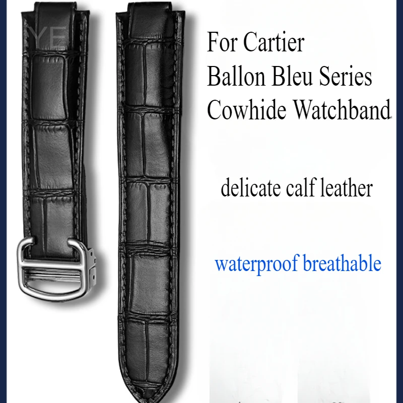 

Роскошный ремешок из натуральной кожи для Cartier Ballon Bleu 11x18, 12x20 мм, гладкая телячья кожа, выпуклый интерфейс, складная застежка, черный, белый цвет