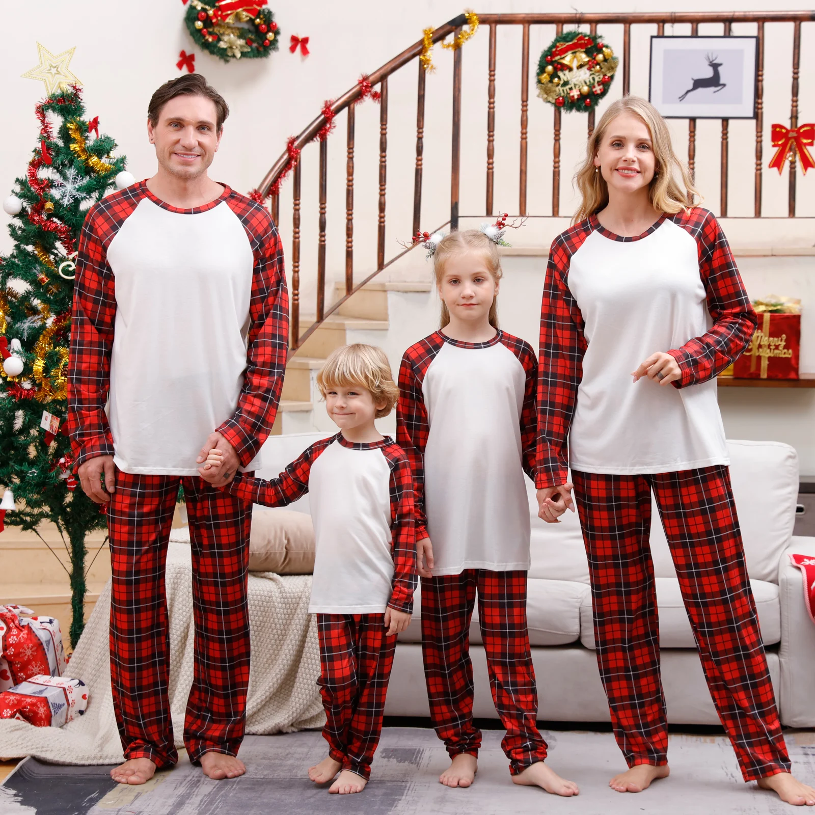 New Christmas Family Matching Sublimation Blank Tees Pajamas Sets Dad&Mom&Kids Clothing Tops+Pants Pyjamas Outfits Suit For Logo