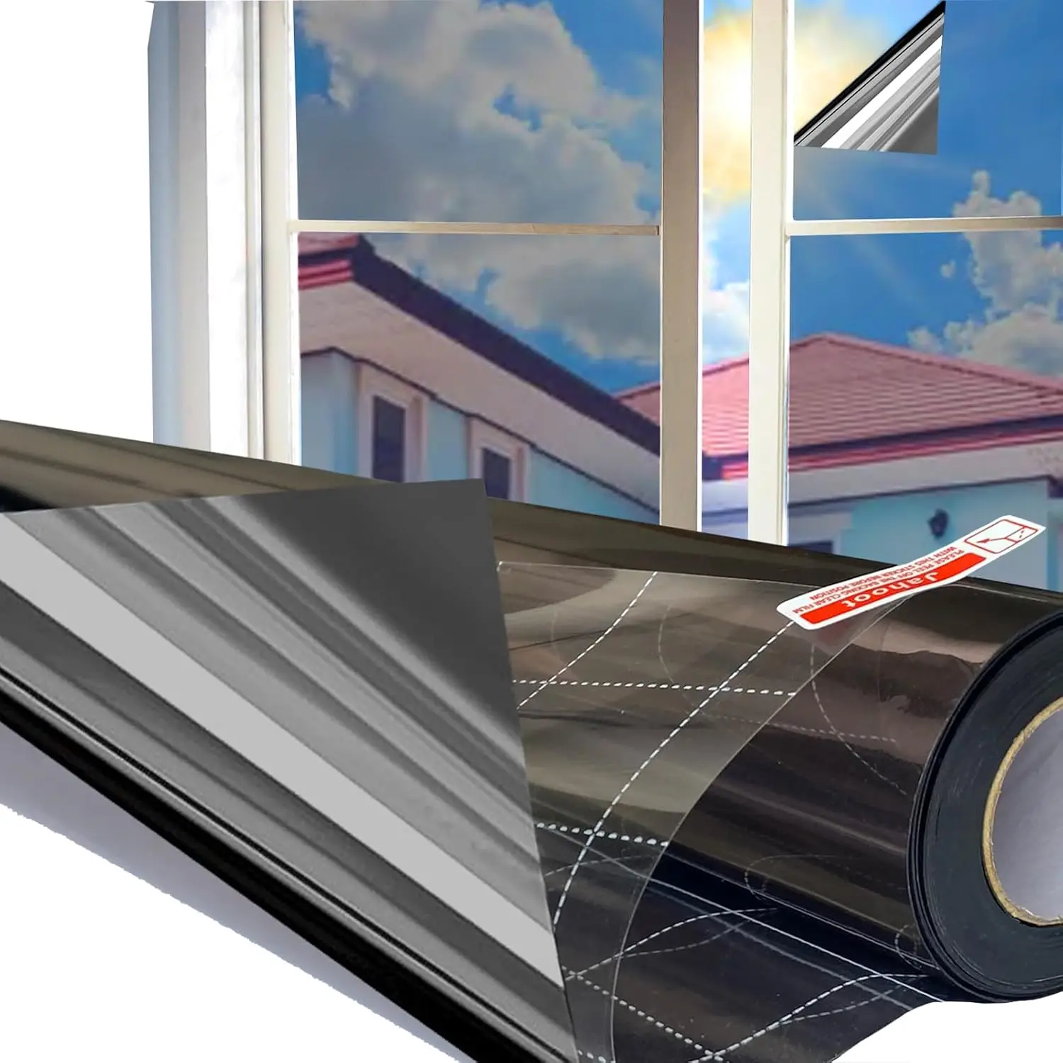 

One Way Window Privacy Film with Grids for Easy Apply, Window Tint for Home UV Blocking Heat Control, Non-Adhesive Tinting Film