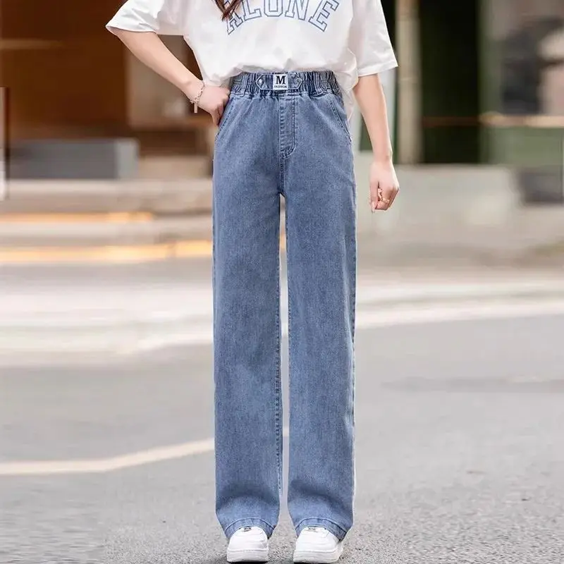 Loose Fit High Waist Wide Leg Jeans Women plus Size Light Blue Elastic PU Fabric Ladies Casual Trousers