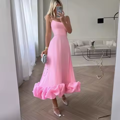 Women's Solid Color Spaghetti Strap Midi Dress Ruffled Hem Fitted A-Line Gown Elegant Party Dress For Dating &amp; Evening Event