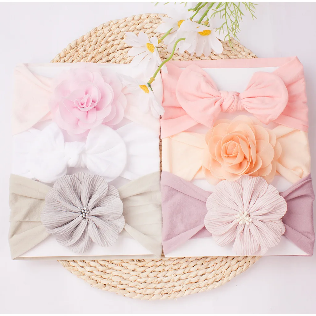 

3 sets of new European and American baby headscarves cute baby soft bow flower headbands, children's hair bands