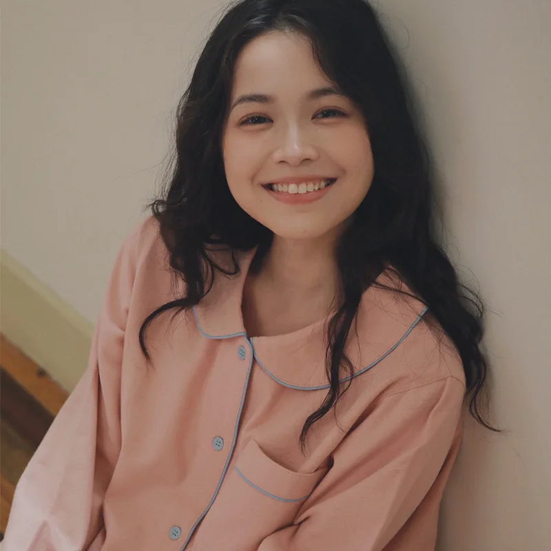 

Комплект женской домашней одежды из чистого хлопка: свободные брюки и рубашка с воротником «Питер Пэн», дышащие, с длинными рукавами, для зимы