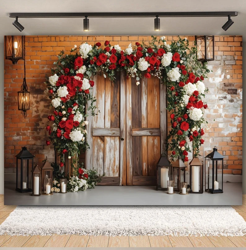 Valentine's Day Backdrop Red Flowers Wooden Door Brick Wall Candle  Wedding Party Couple Portrait Photography Background Decor