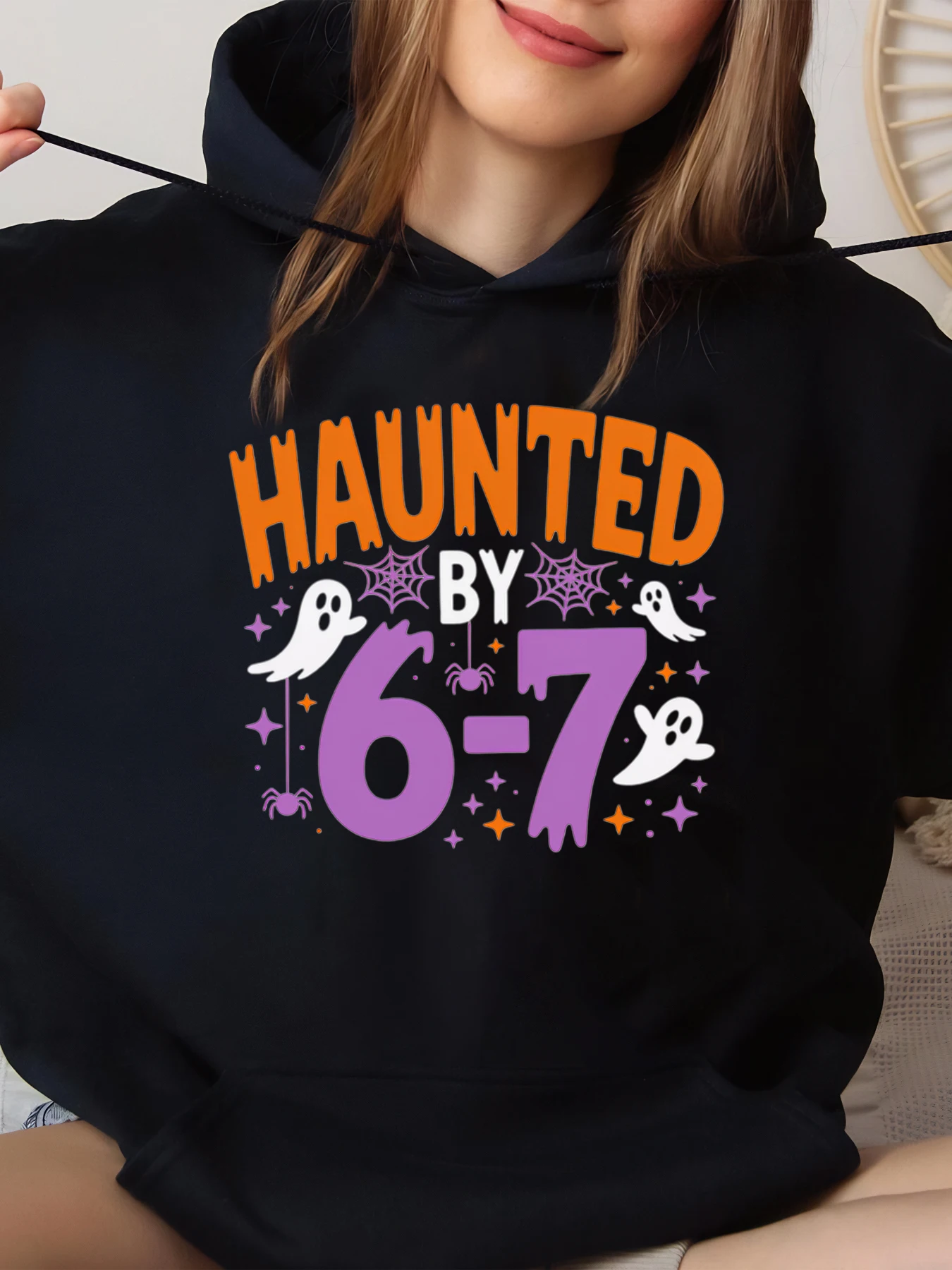 

Haunted by 6-7 Ghosts Spider Web Print Halloween Hoodie for Women Party Costume Black Large Size Big Sizes