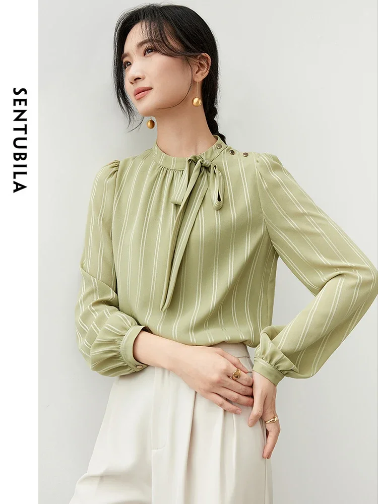 

SENTUBILA Women Bow Tie Blouse Contrast Striped Pullover Long Sleeve Tops 2025 Spring Office Lady Shirts & Blouses 143C57044