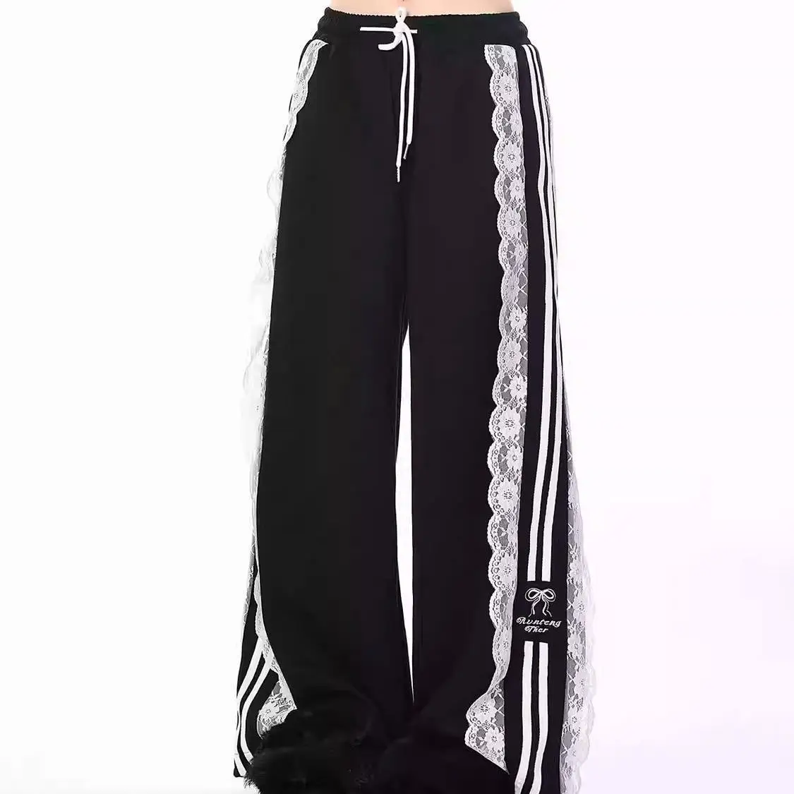 American Vintage Lace Patchwork Casual Sports Pants for Women Autumn New Loose Straight-leg Pants Drawstring Waist Y2k Pants