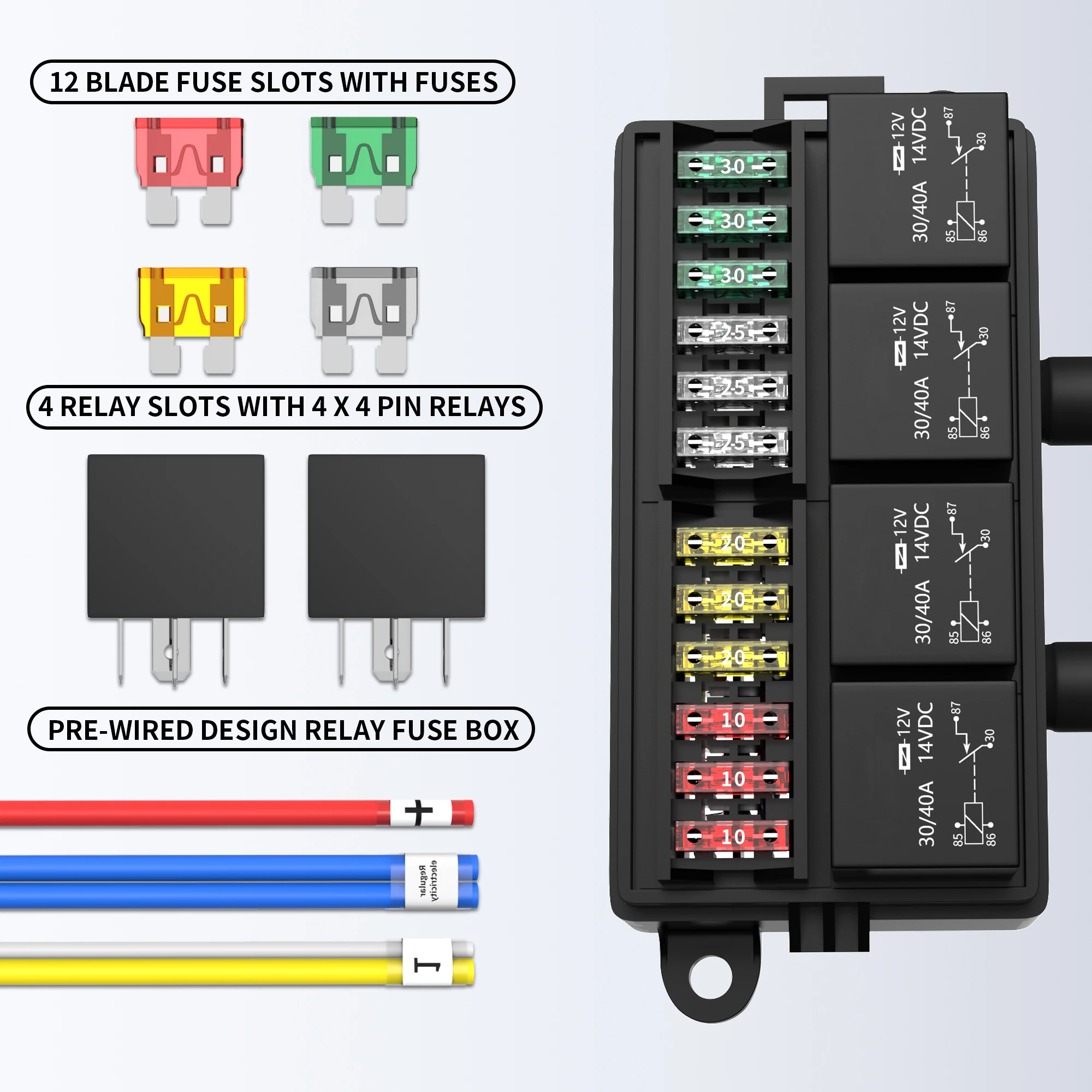 DaierTek 12V Fuse Relay Box Pre-Wired Fuse and Relay Box with 4 Relay 12 Way ATC/ATO Fuses Sealed 12V Relay Fuse Box for Car