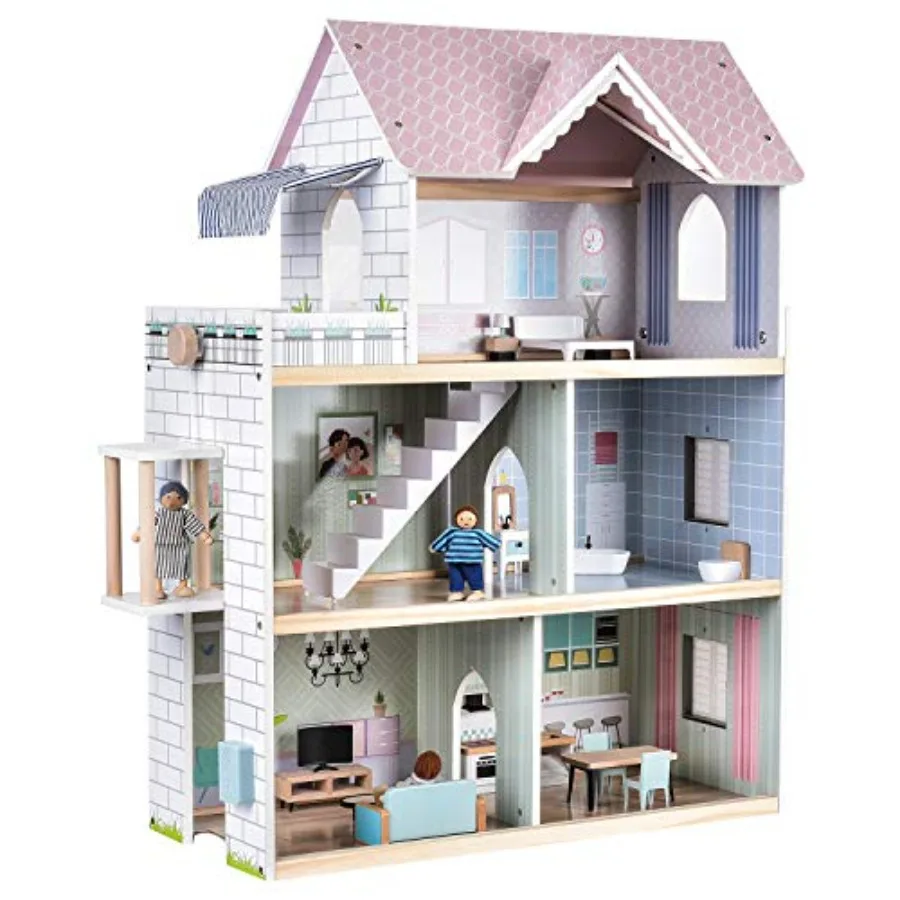 Dollhouse for indoor play, made of wood, natural color, 2.6 feet high with elevator, doorbell, lights, 52 furniture pieces and