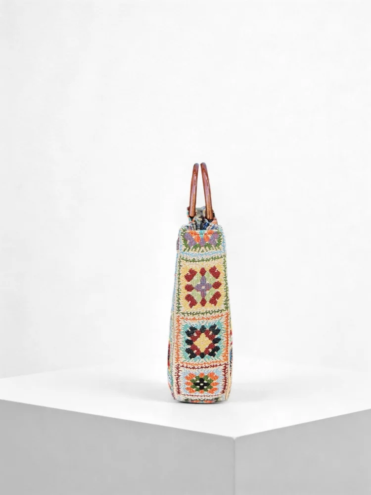 Retro Ethnic Style Geometric Semi-circular Wooden Handle Handbag Bohemian Patterned Jacquard Tote Bag Half Moon Commuting Bag