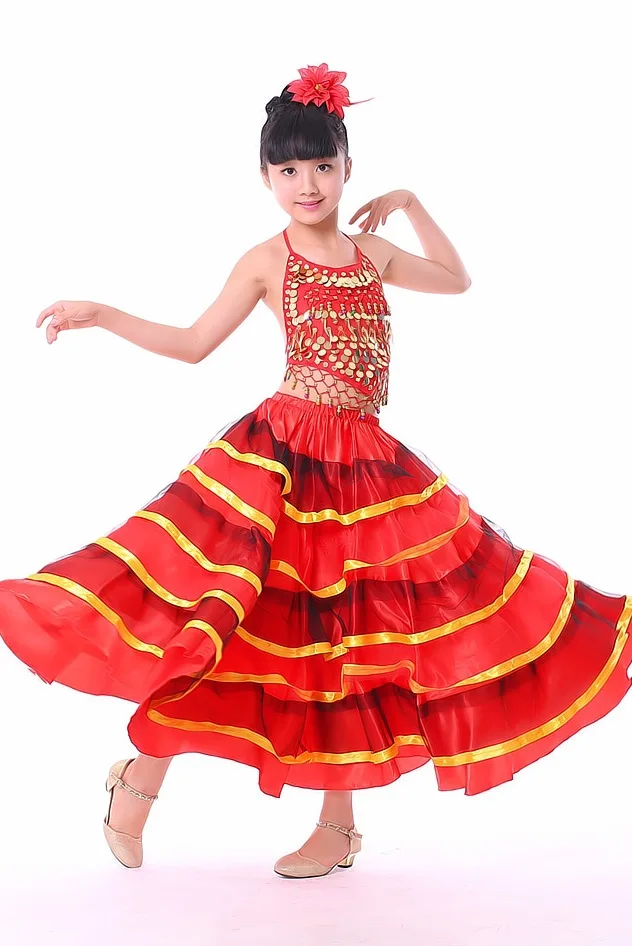 1 pz/lotto bambini moda gonna danza del ventre ragazza flamenco danza gonna lunga gonna corrida 360 gradi