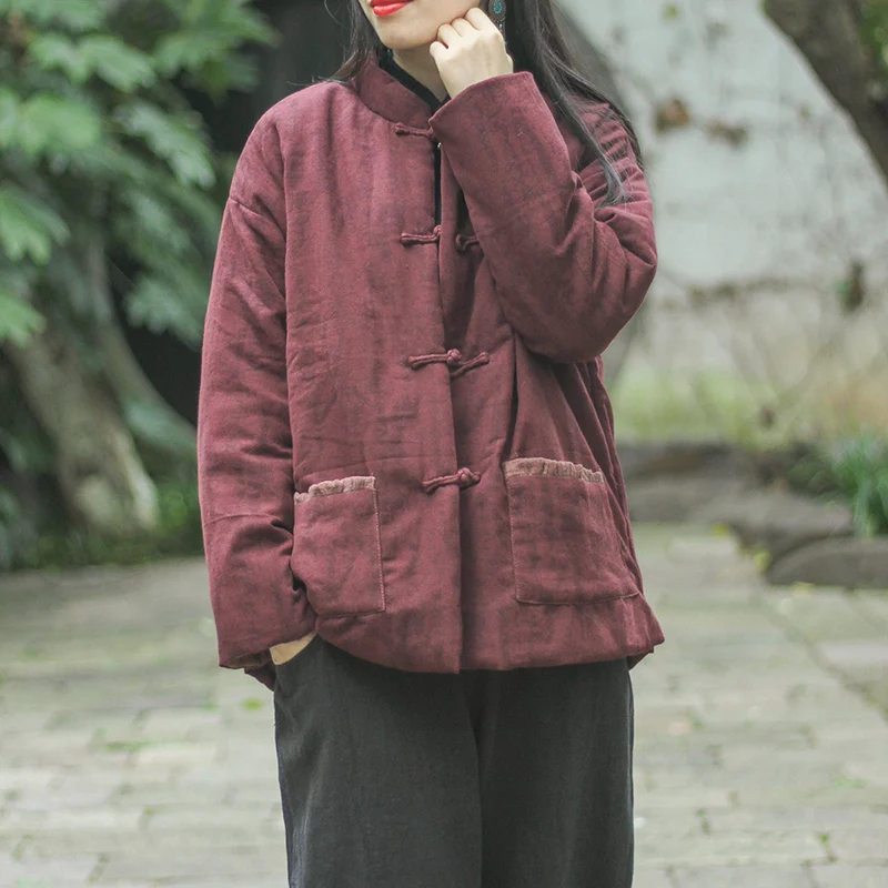 

Retro Button up Thickened Cotton Jacket Women's Autumn Winter New Style Warmth Large Size Quilted Outerwear Female
