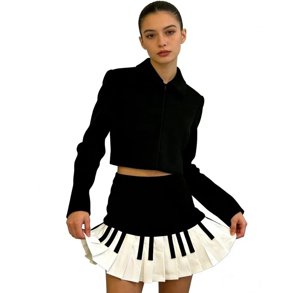 Elegant Black White Splicing Piano Skirt Slim Korean Style Keyboard Pleated Skirt JK Dress Preppy Style Short Skirt Business