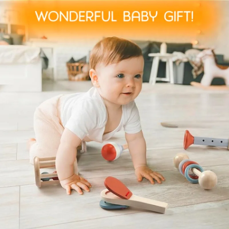 Chocalho infantil montessori de 5 peças e conjunto musical, brinquedo infantil de madeira, instrumentos de percussão para crianças, presente de aniversário pré-escolar