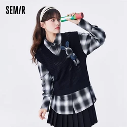 Semir Women Sweater Autumn New V-neck Hollow Vest Mid-length Plaid Rabbit Loose Two-piece Set Sweet Style Sweater for Women