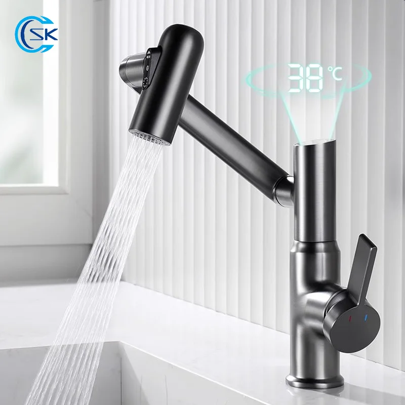 LED Smart Digital Display Bathroom Basin Faucet.360° Rotation Cold Hot Water Mixer Tap Crane.3 Mode Water Spout Sink Faucet.