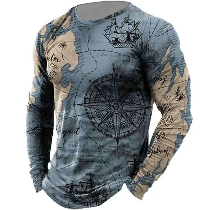 Compass informal-Camiseta de manga larga con cuello redondo para hombre, camisa con estampado 3D Vintage, Top de gran tamaño