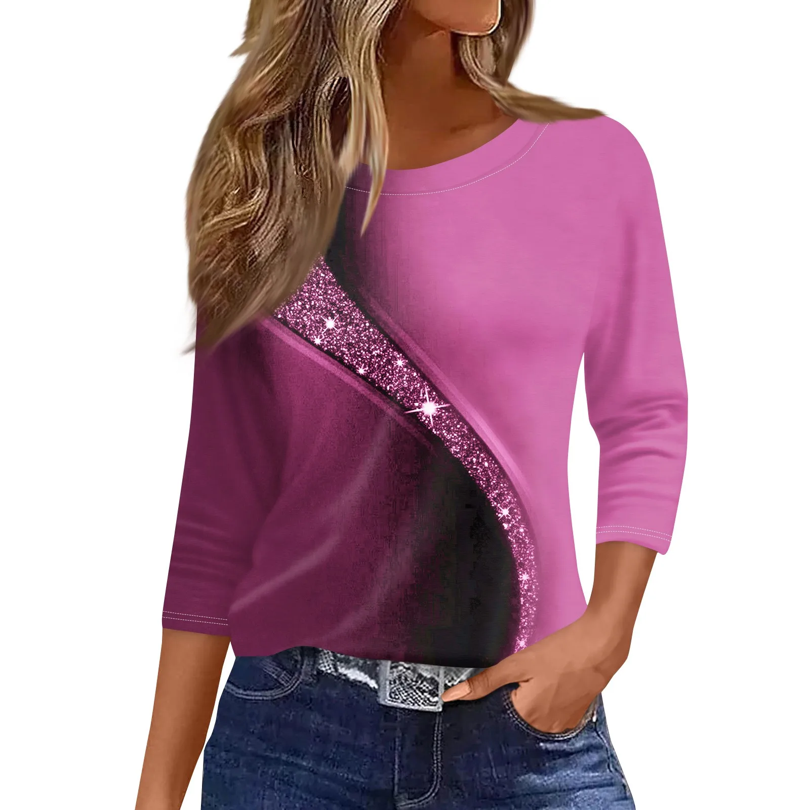 2024 New Women\'s Sweater O-neck Shirt Fashion Casual Seven Sleeve Printed Round Neck Top Women\'s T-shirts Short Sleeve Top