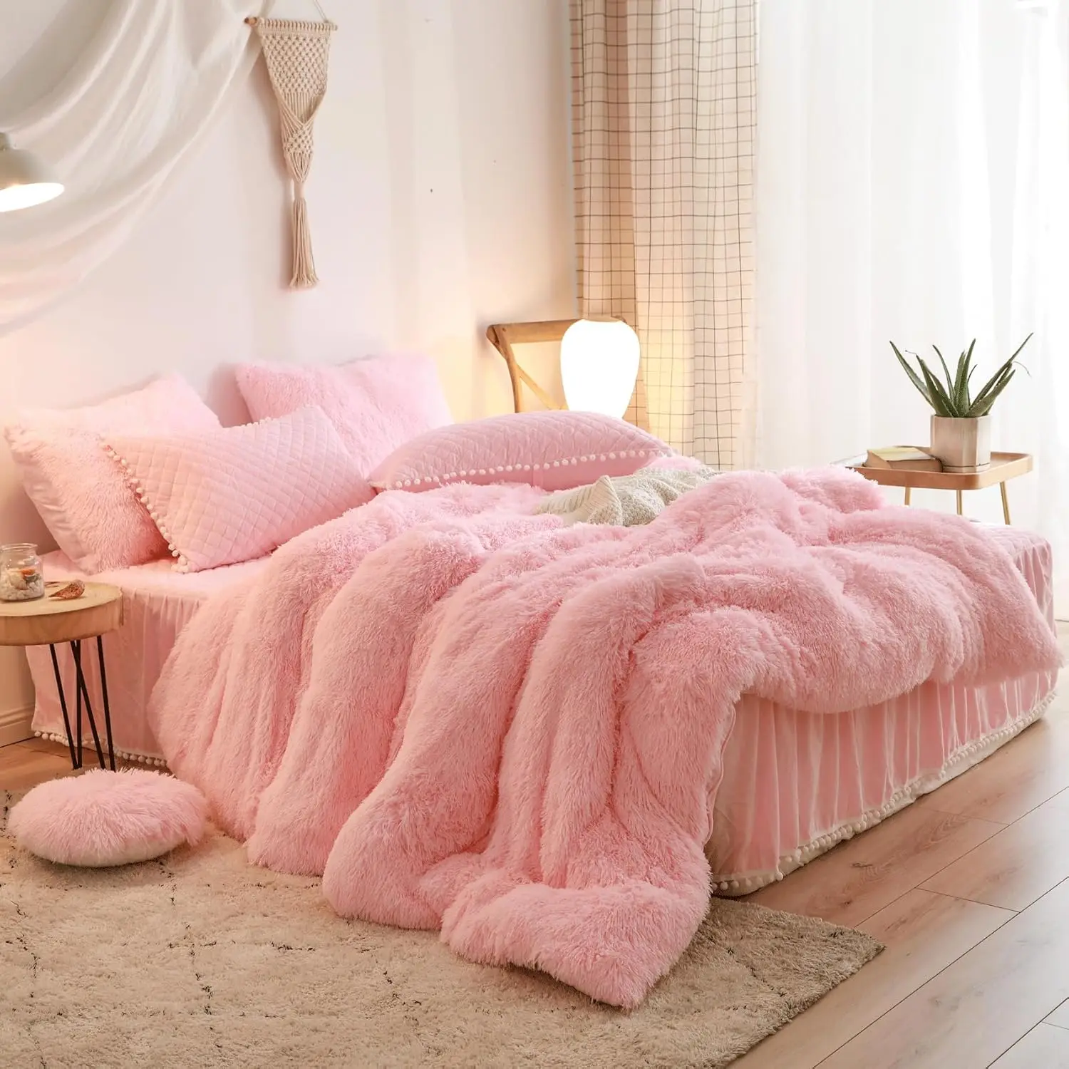 Soft Pink Furry Queen Bedding Set - 3 Piece Duvet Cover with Pillow Cases, Zipper Closure