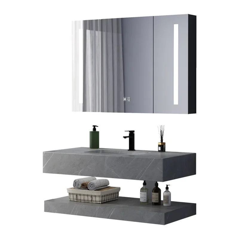

Gray Bathroom Cabinet Double-layer Slab Basin Combination Household Wall-mounted Washstand Hotel Bathroom Smart Mirror Vanity