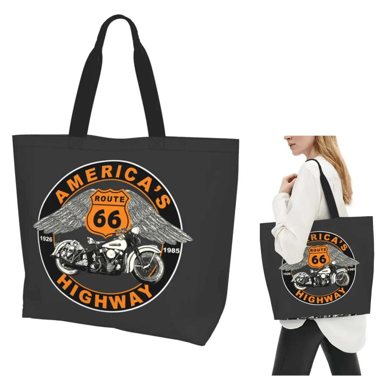 

Biker Route 66 Mother Road American (18) Сумка для покупок Холщовая сумка на плечо большой вместимости Сумка для покупок для продуктов для женщин