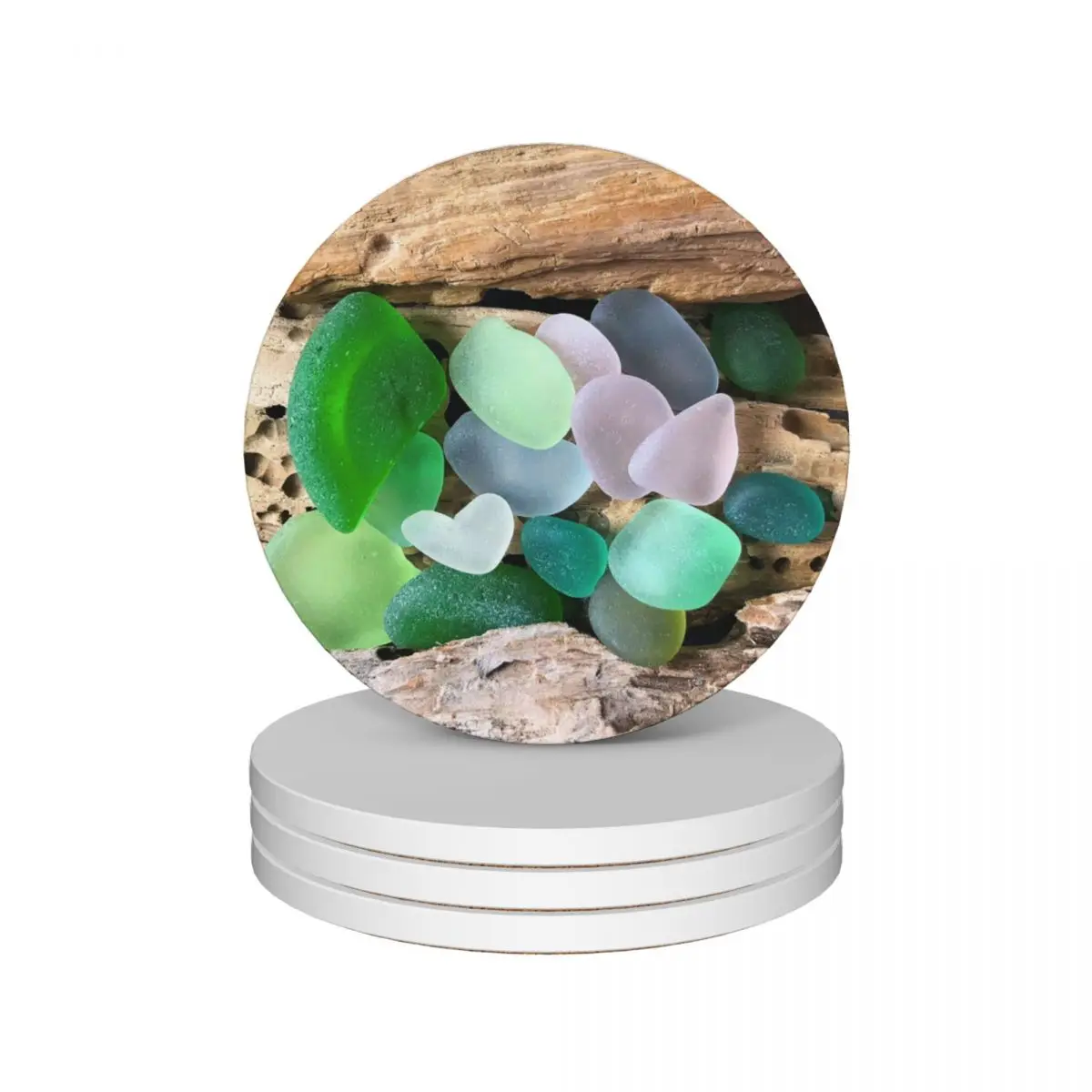 

Seaglass and Driftwood with Heart Shaped Sea Glass Ceramic Coasters (Set of 4) coffee cup stand kawaii anti slip Coasters