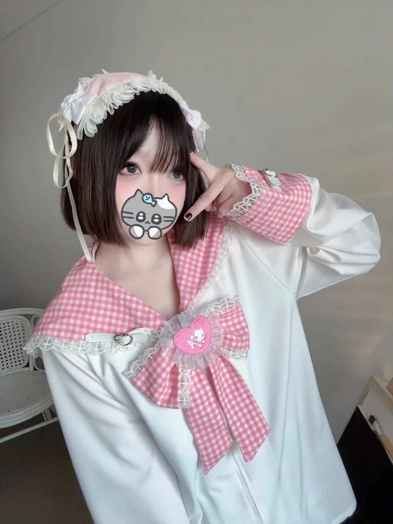 Japanese Spring Summer Original Design Sense Contrasting Color Plaid Big Bow Sweater House Cute Subculture Navy Collar Coat Girl