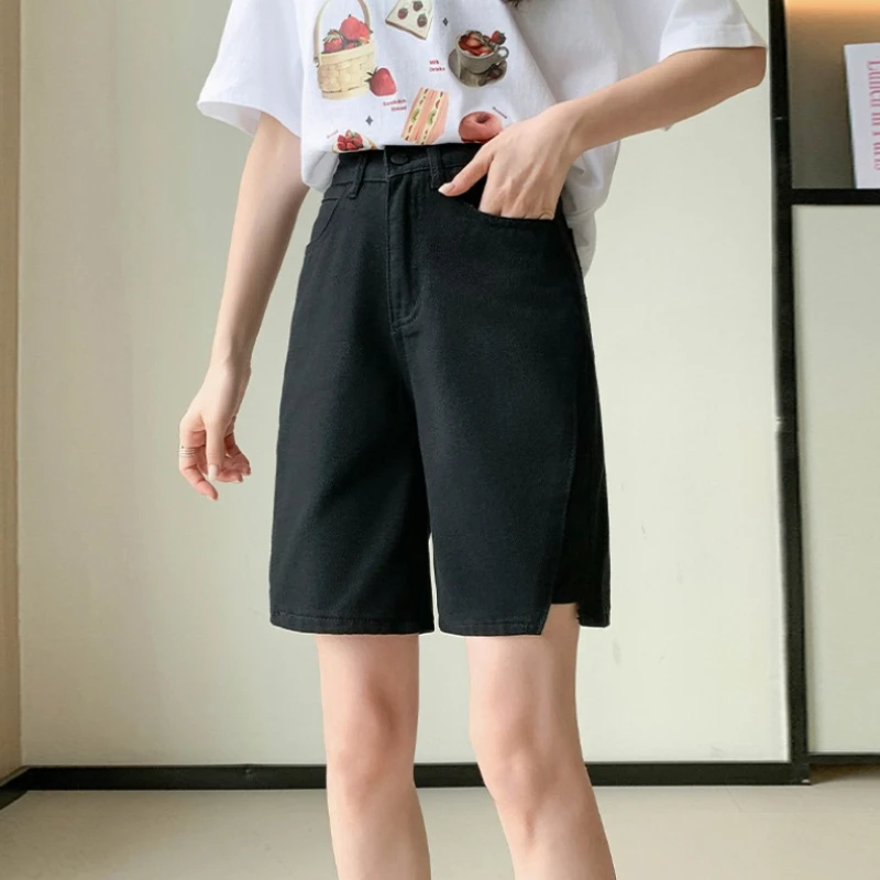 Solid Color Denim Shorts Women Summer High Waist Loose Thin Straight Leg Trousers Office Lady Versatile Casual Shorts Female