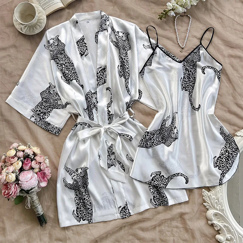 Ensemble de chemise de nuit pour femmes, ensemble pyjama Long semblable à la soie, col en v, Sexy, chemise de nuit et Robe deux pièces, tenue de maison