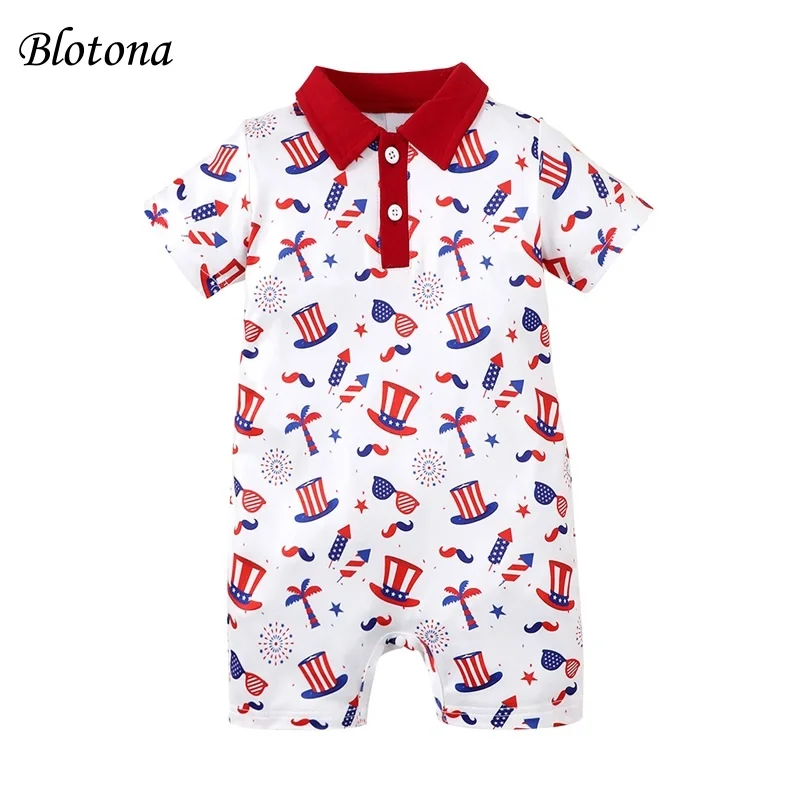

Blotona Infant Baby Boy Independence Day Jumpsuit, Short Sleeve Glasses Hat Print Summer Romper Clothes for for 4th of July