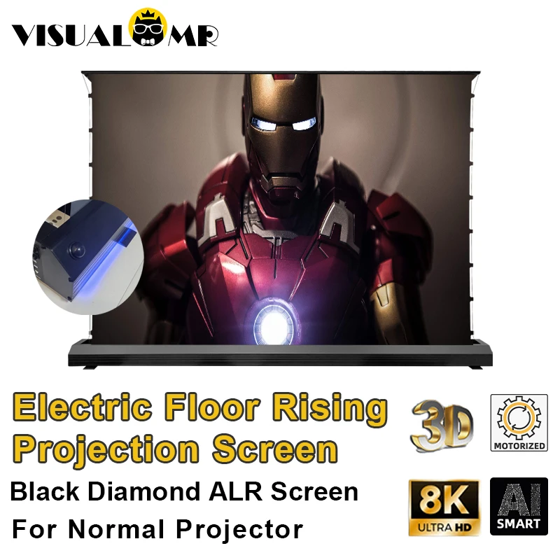 VisualMr Electric Floor Rising ALR Black Diamond Projection Screen 3D/4K Ambient Light Rejecting for Normal Projector 72-150inch