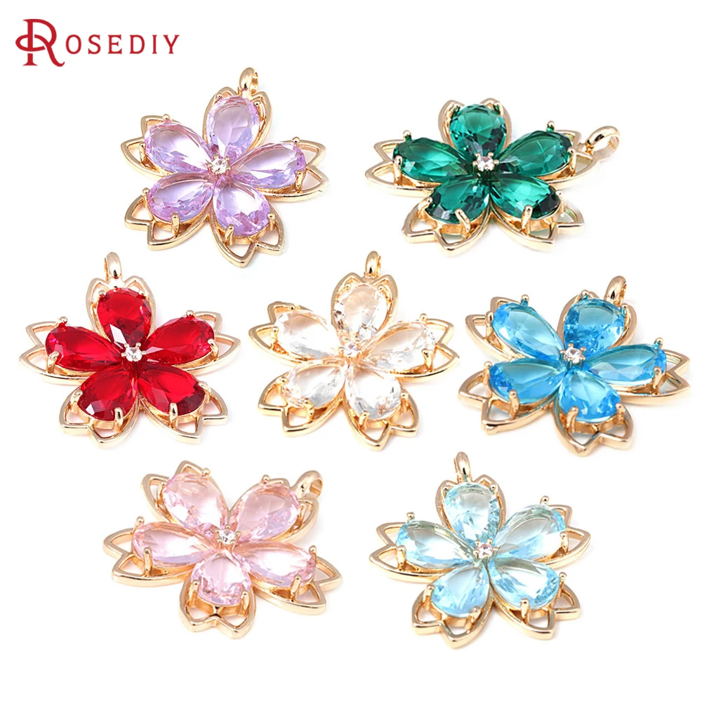 2PCS 18K Gold Color Brass and Glass Flower Charms Pendants Diy Jewelry Making Supplies Necklace Earrings Accessories for Women