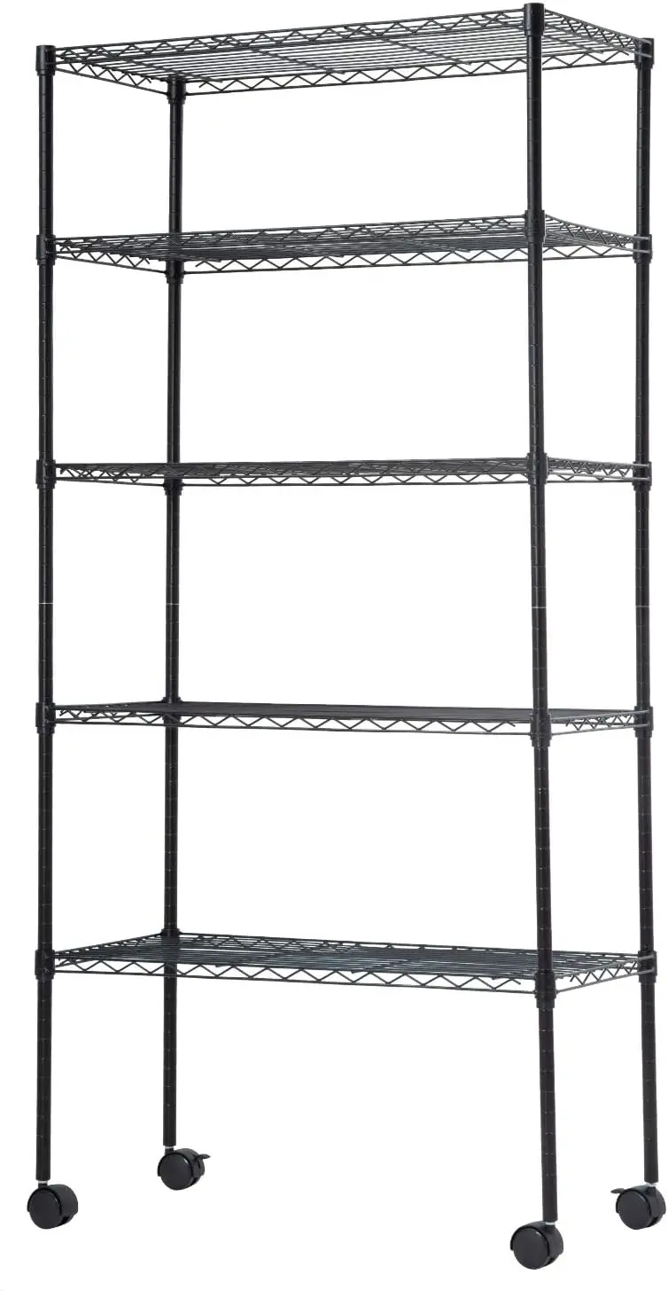 

5 Tier Wire Storage Shelves with Wheels 14x30x60 Black Adjustable Racks Heavy Duty Metal Shelf Holds Upto 220 lbs No Tool