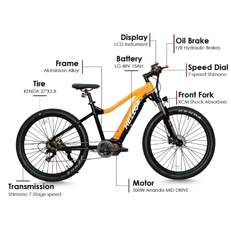 HEZZO Electric Bike HM-27D 48V 500W Mid Drive 27.5Inch Ebike Mountain 15Ah Fork E-bike 7 Speed Moped Hybrid Unisex Emtb