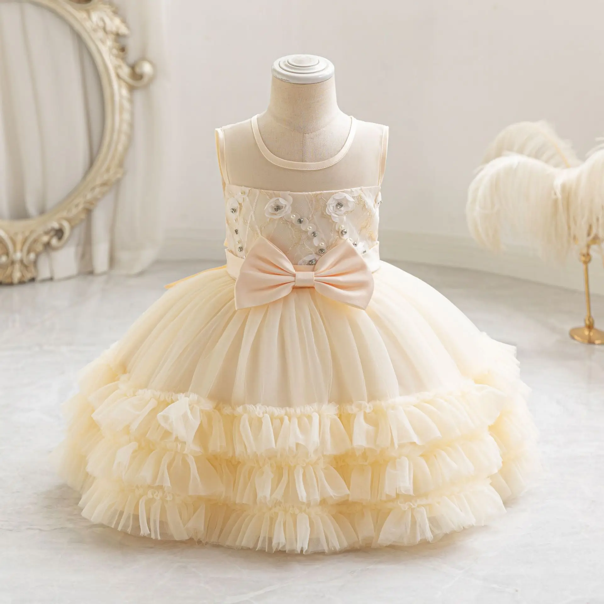 Shiny Toddler Ruffled Baby Toddler Beaded Birthday Party Formal Pageant Flower Girl Dress