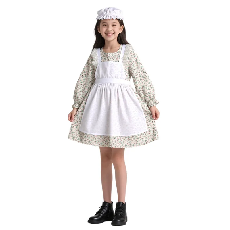 

Girls' Ethnic Apron Maid Victorian Floral Dress School Festival Performance Costume Party Hat Dance Costume