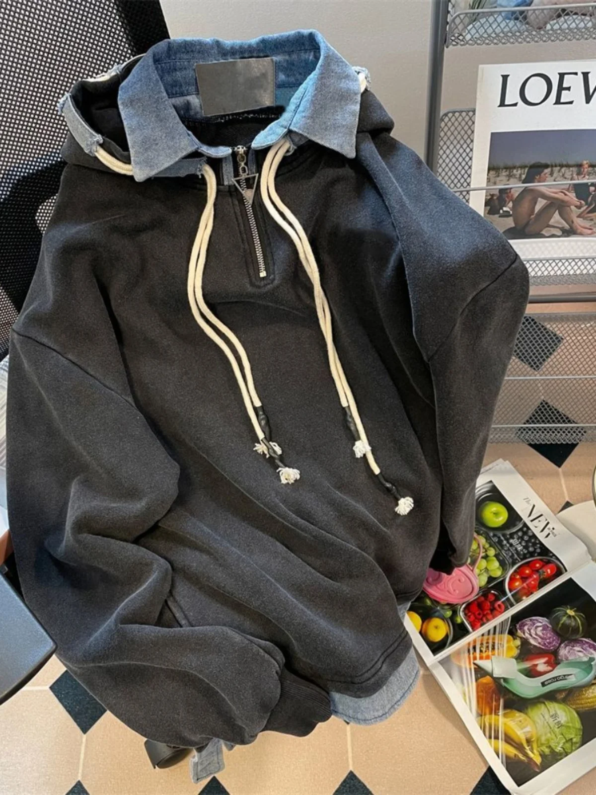 

Толстовка-куртка унисекс большого размера из денима с пэчворком, имитация двухслойности, на молнии, для мужчин и женщин