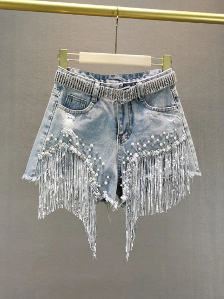 Schwere Perlen Pailletten Fransen zerrissene Jeans shorts Frauen Sommer tragen neue hohe Taille abnehmen weites Bein Hot pants Quaste Shorts